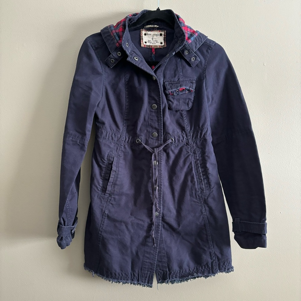 Free People Hooded distressed long snap button closure jacket